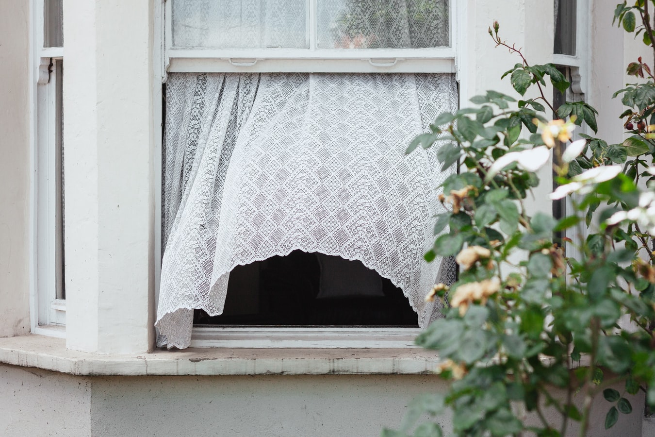 Vorhang weht aus offenem Fenster heraus