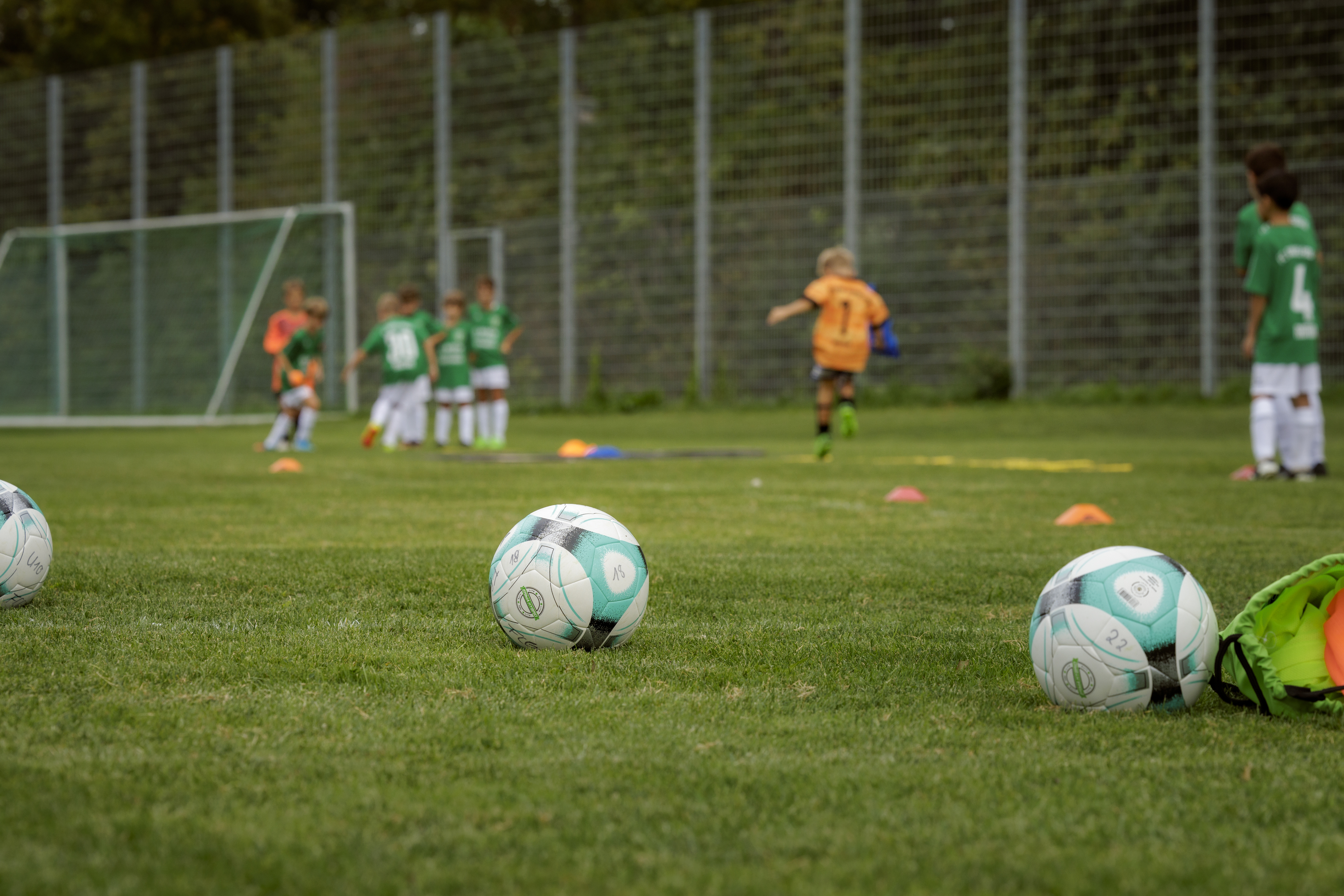 Drei Fußbälle liegen im Vordergrund auf einer Wiese. Im Hintergrund sind einige Kinder zu sehen, die Fußball spielen.