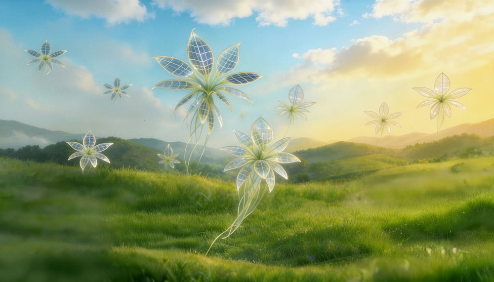 Eine illustriere, fantasievolle Wiesenlandschaft mit leicht bewölktem Himmel. Es schweben Blüten empor, deren Blätter aussehen wie Solarmodule.