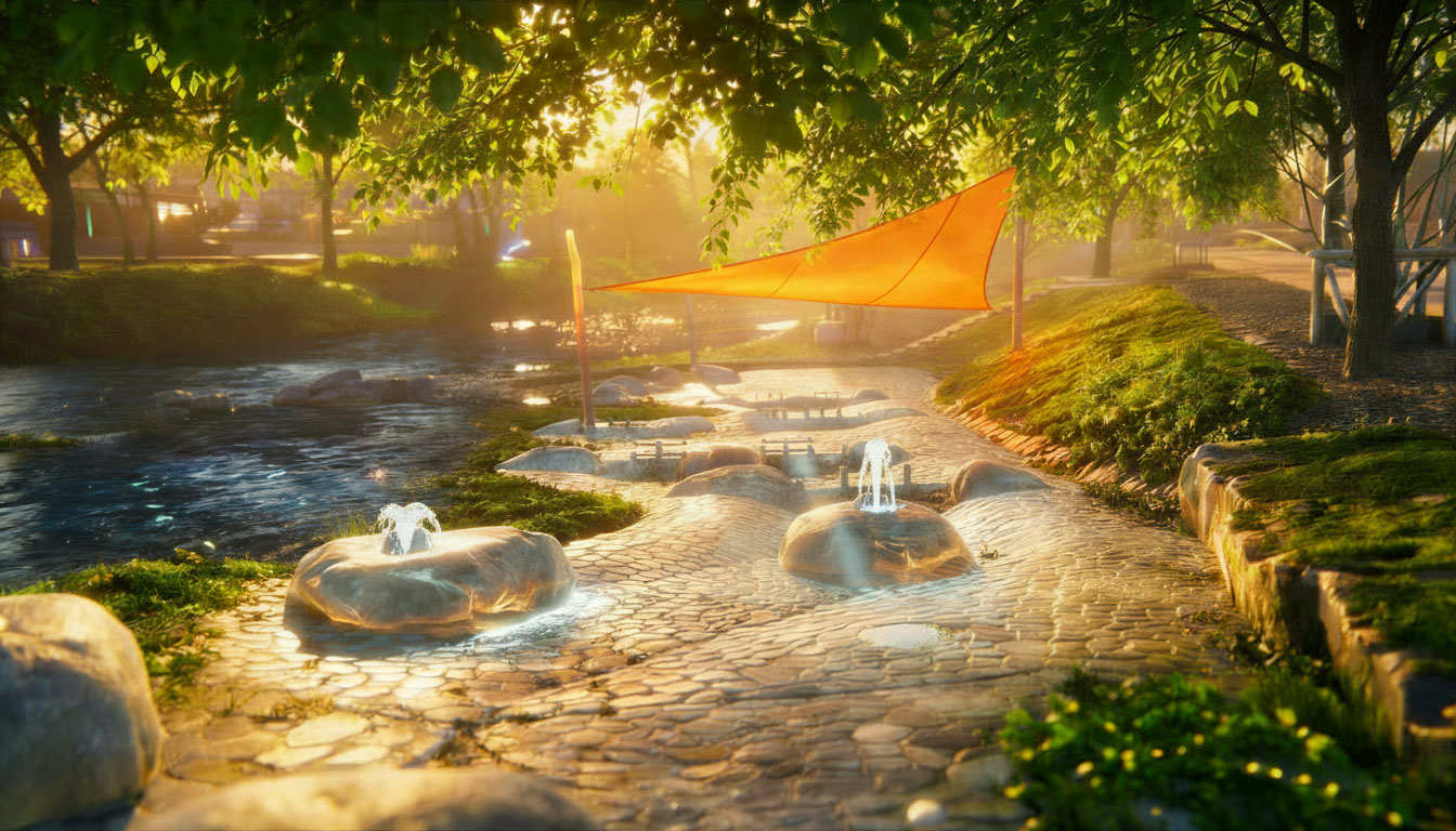 Eine illustrierte Darstellung des Wasserspielplatzes ODRia der EnBW ODR auf dem Gelände der Landesgartenschau in Ellwangen 2026. Die ODRia befindet sich am Jagstufer. Es sind Springbrunnen, Steinboden und Pflanzen zur Begrünung zu sehen.