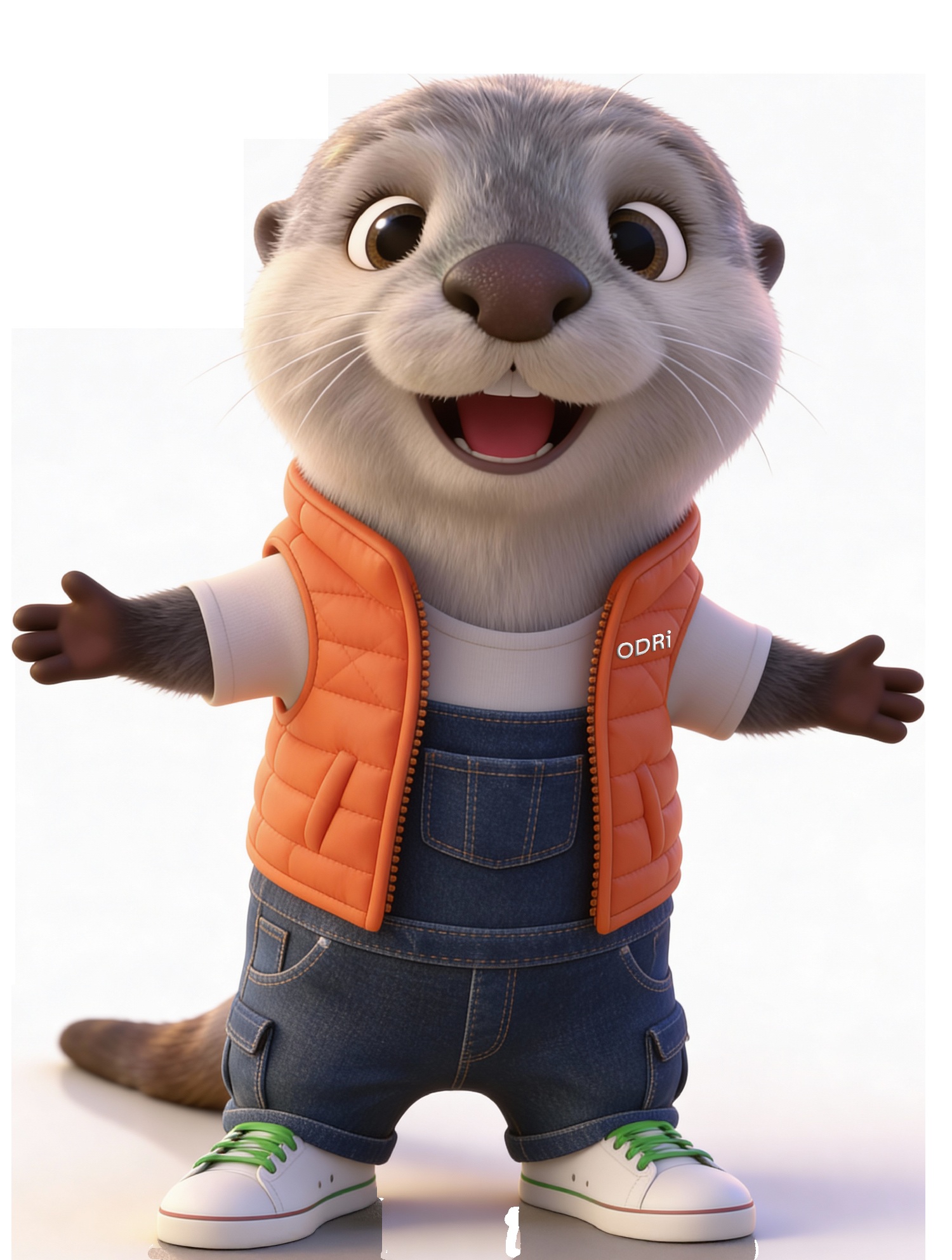 Das ODR-Maskottchen ODRi der EnBW ODR. Ein Otter auf zwei Beinen mit ener orangen ärmellosen Weste, blauer Latzhose und weißen Schuhen mit grünen Schnürsenkeln. ODRi hat seine Arme willkommend ausgebreitet und schaut sehr fröhlich.