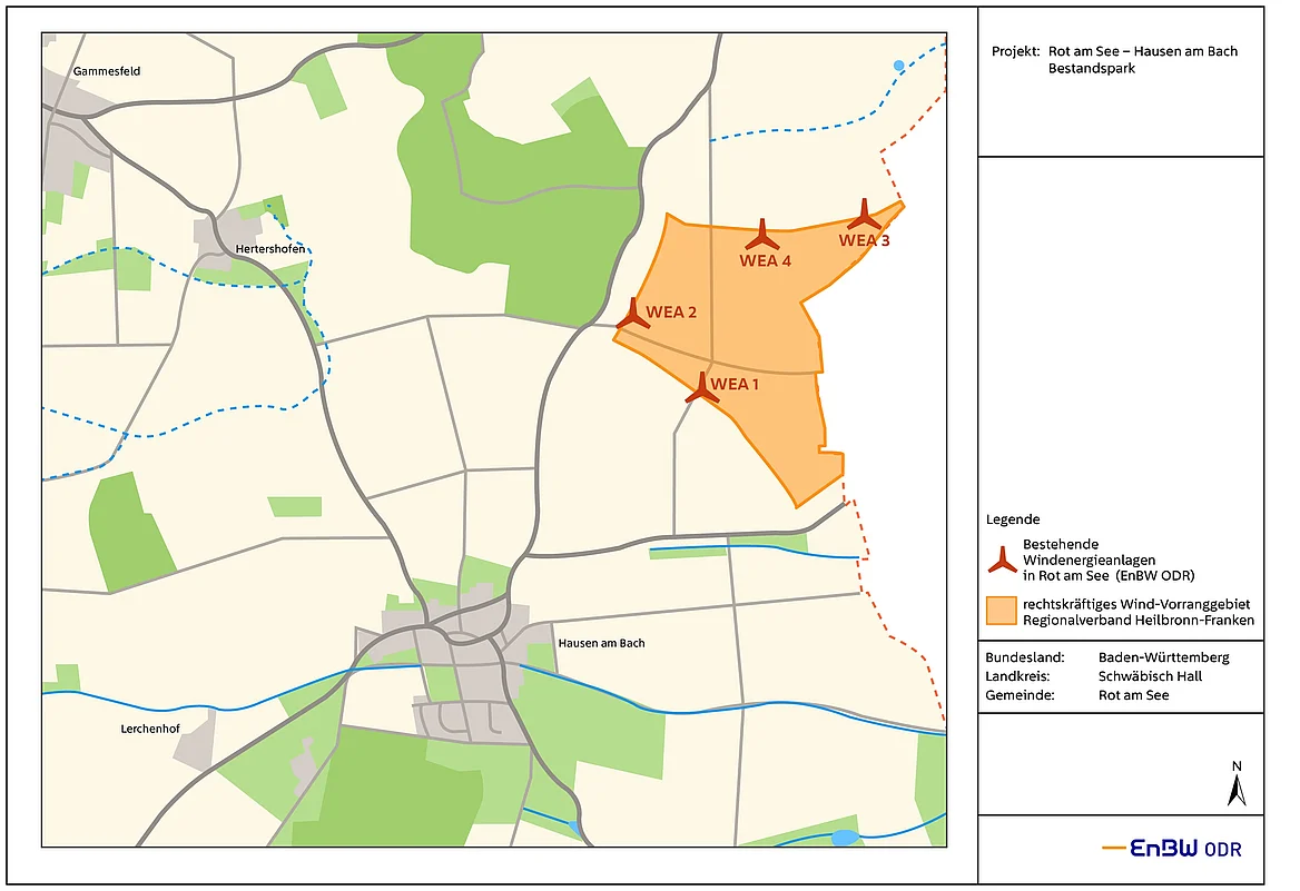 Schematische Darstellung des rechtskräftigen Wind-Vorranggebiets Regionalverband Heilbronn-Frank für den Windpark "Rot am See - Hausen am Bach"
