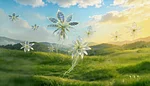 Eine illustriere, fantasievolle Wiesenlandschaft mit leicht bewöltkem Himmel. Es schweben Blüten empor, deren Blätter aussehen wie Solarmodule.
