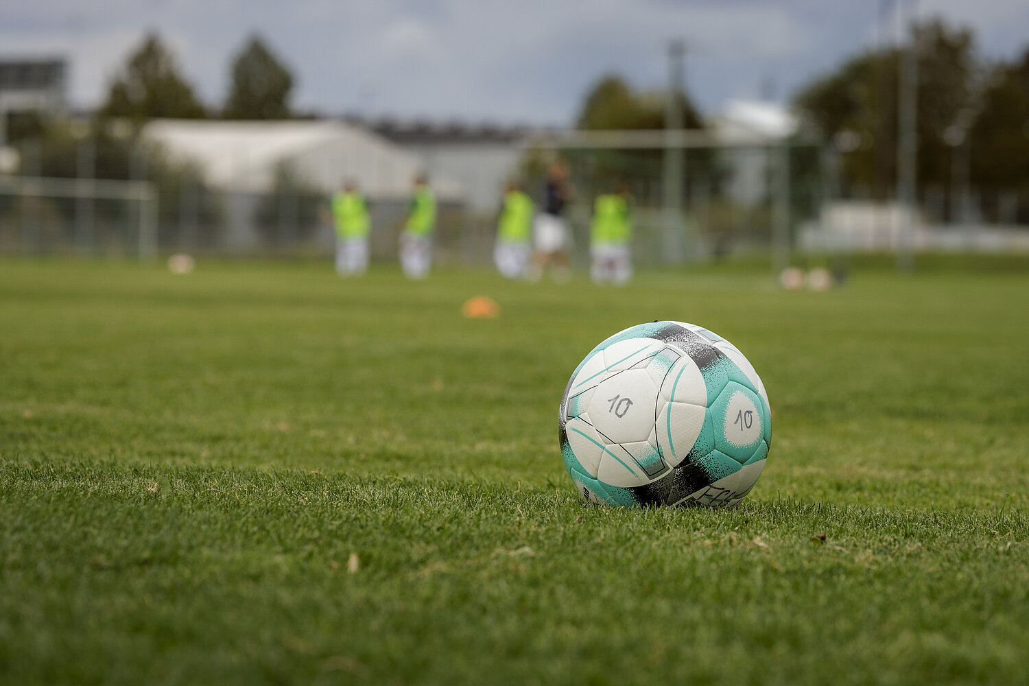 Ein Fußball auf einem Sportrasen. Im Hintergrund spielen Kinder Fußball.