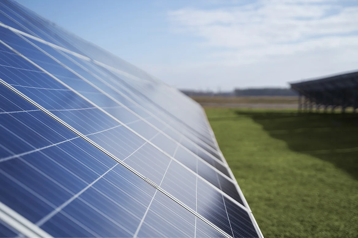 Ein Solarmodul auf einer grünen Wiese bei blauem Himmel und Sonnenschein