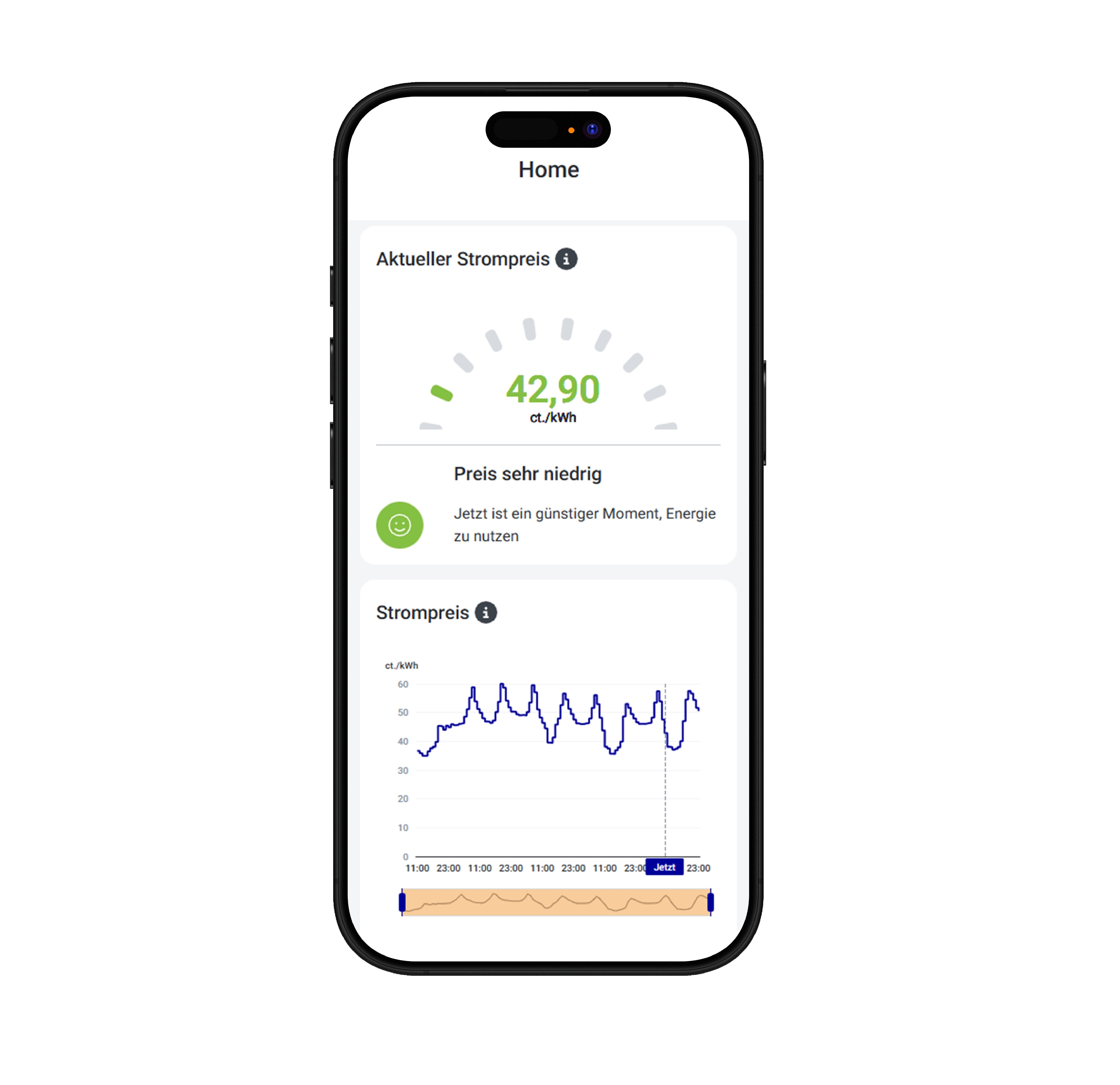 Screenshot auf dem Smartphone mit dem aktuellen Strompreis des dynamischen Tarifs