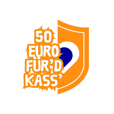 Neukundenwappen der Aktion Vereine werben Kunden mit dem Text "50 EURO FÜR´D KASS´"