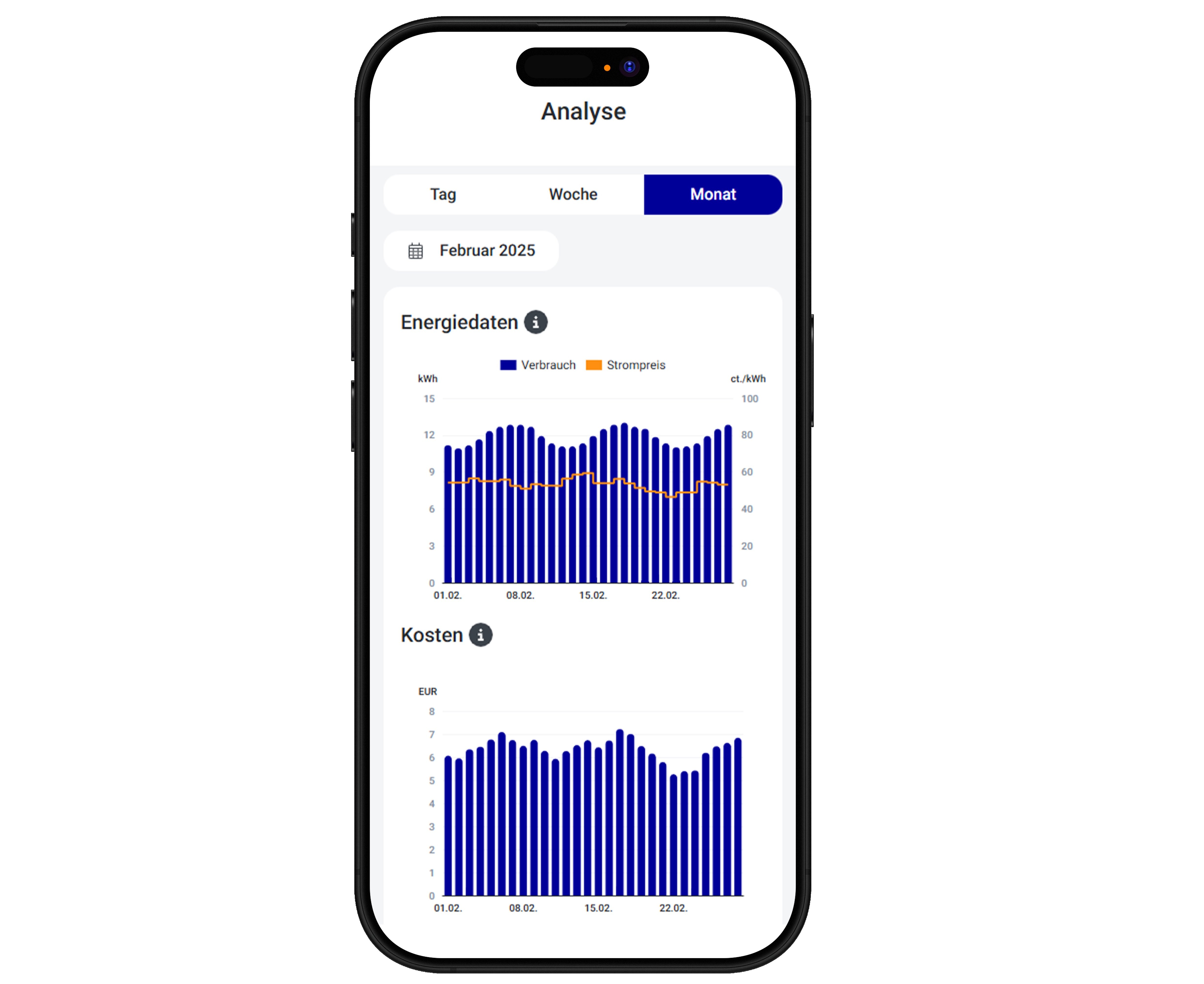 Screenshot auf dem Smartphone über den individuellen Stromverbrauch und der Kosten des dynamischen Stromtarifs
