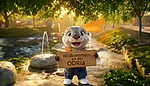 Das Maskottchen der EnBW ODR, ODRi der Otter, steht am animierten Wasserspielplatz "ODRia" auf dem Gelände der Landesgartenschau und hält ein Schild mit der Aufschrift "Willkommen an der ODRia"