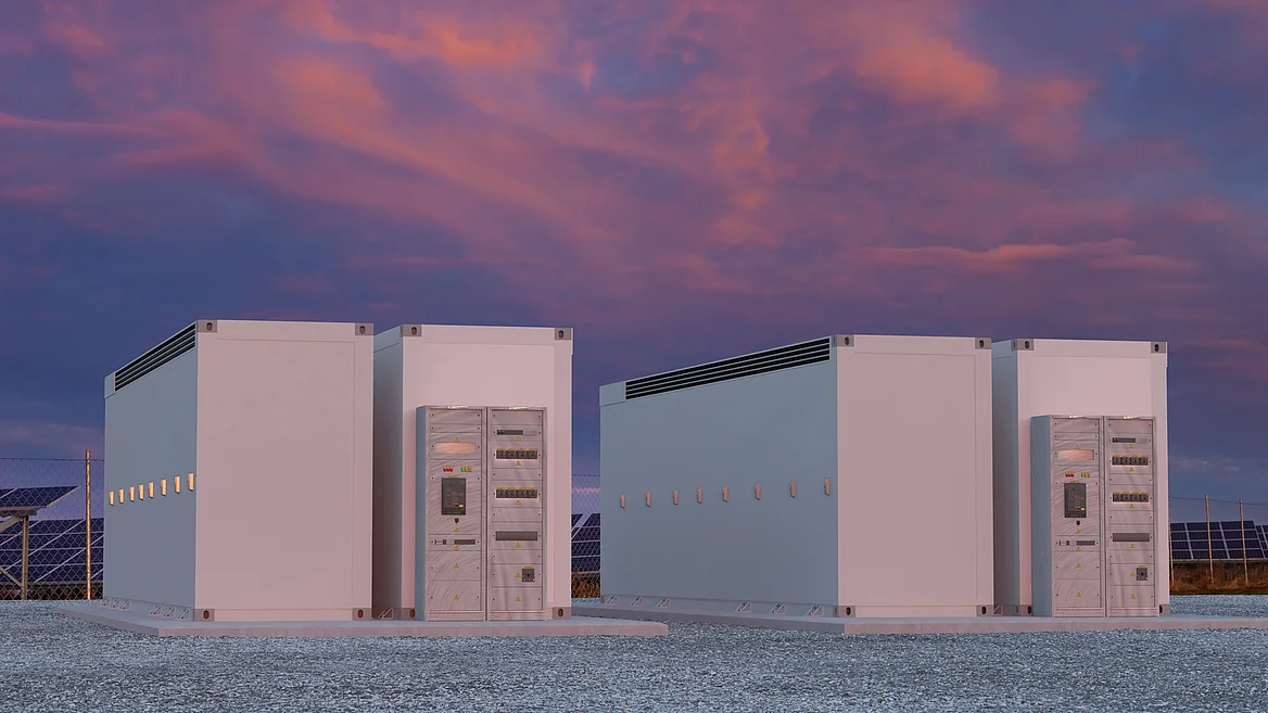 Batteriespeicher aus mehreren weißen Container-Modulen auf freiem Gelände, in warmes orangefarbenes Licht eines Sonnenuntergangs getaucht, vor farbigem Himmel.