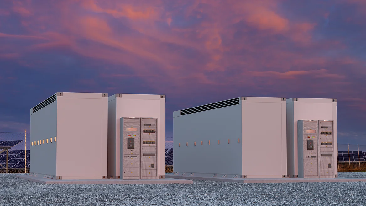 Batteriespeicher aus mehreren weißen Container-Modulen auf freiem Gelände, in warmes orangefarbenes Licht eines Sonnenuntergangs getaucht, vor farbigem Himmel.