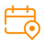 Piktogramm eines Kalenders mit einem GPS-Symbol. Dies symbolisiert Vor-Ort-Termine.