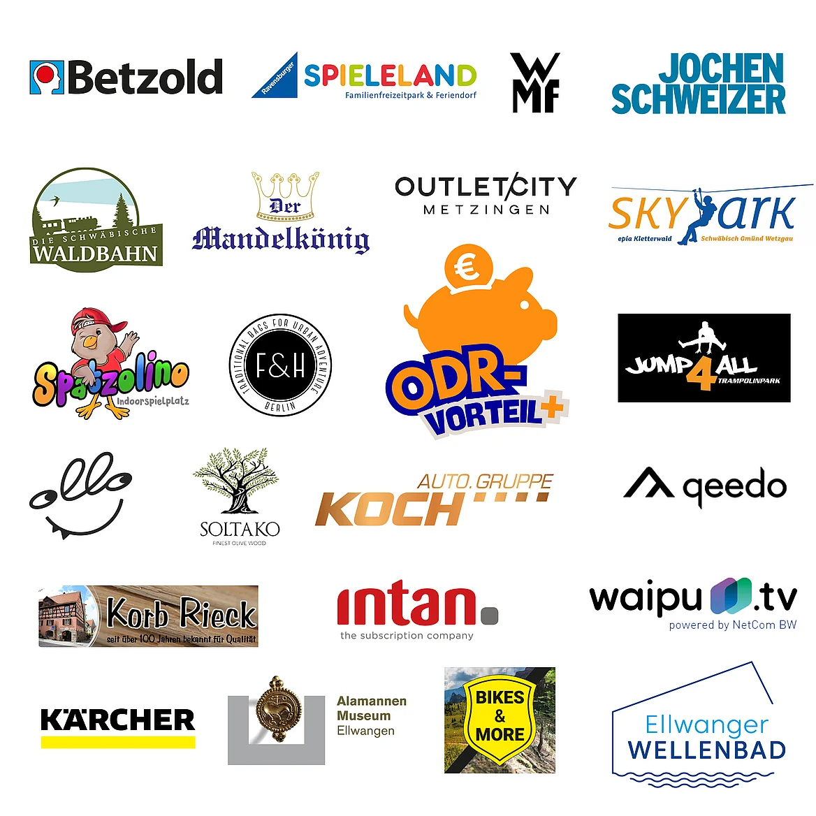 Vorteil+ Partner der EnBW ODR AG 2026: Koch Autogruppe, Betzold, Ravensburger Spieleland, WMF, Jochen Schweizer, Die Schwäbische Waldbahn, Mandelkönig, Outletcity Metzingen, Skypark, Spatzolino, Fitz & Huxley, Jump4all, ollo, Soltako, qeedo, Korb Rieck, intan, waipu.tv, Kärcher, Alamannen Museum Ellwangen, Bike & More, Ellwanger Wellenbad